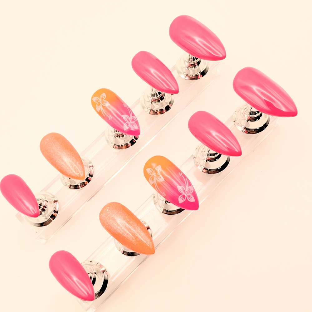 Handcrafted Hawaiian Flower Pink & OrangeOmbre Press-On Nails with Floral Accent